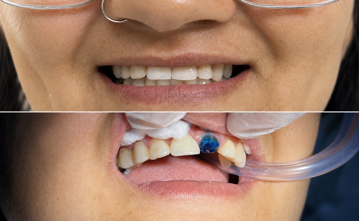 Antes e depois de implante na região frontal